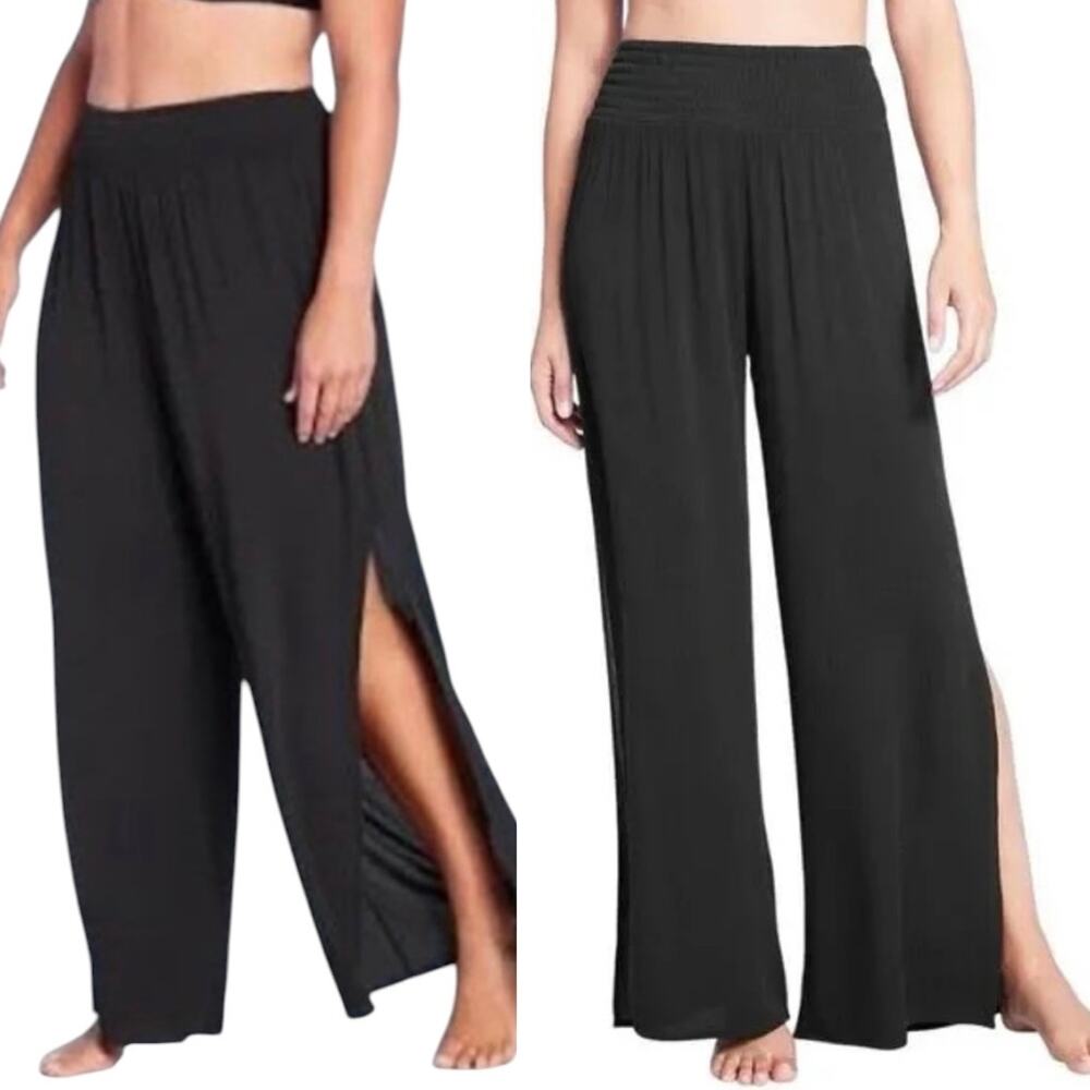 KONA SOL Black Swim Cover Up Pants High Leg Slit Size XL Flowy Smocked Waist